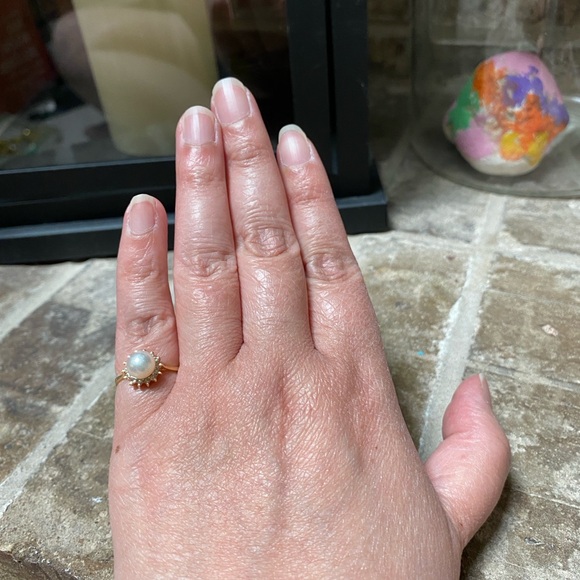 SOLID 14KT GOLD Ring Genuine Pearl with Natural Diamond Halo - Picture 8 of 11